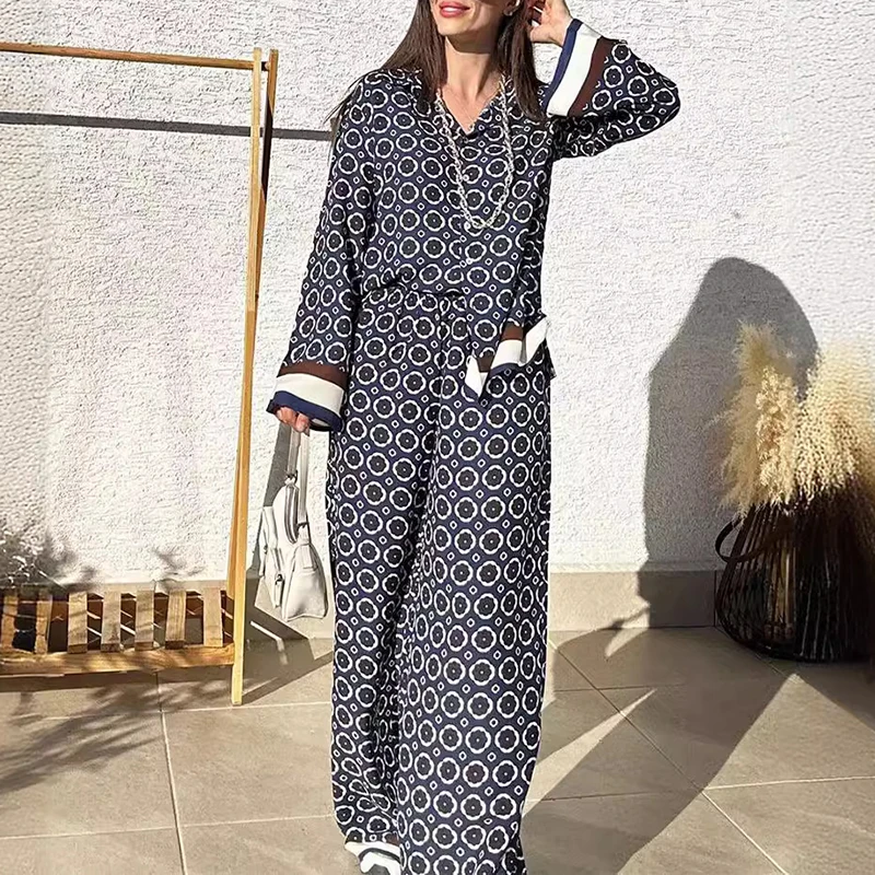 Retro Pattern Print Loose Harajuku Suit Women Spring Single Brasted Lapel Shirt+Wide Leg Pants Outfit Fall Long Sleeve 2pcs Sets