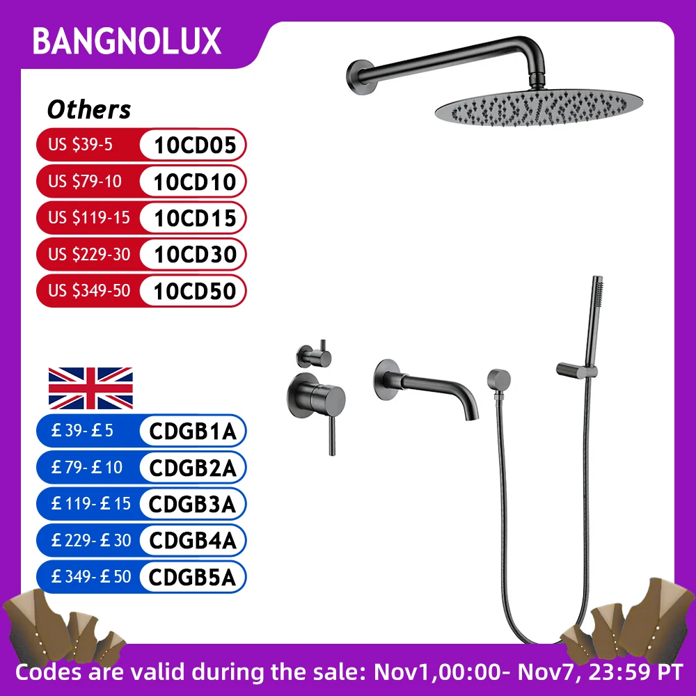 Bathroom Faucet Shower System Set 3-Function Shower Mixer Diverter Valve Gunmetal 8-16Inch Rainfall Head Shower Tap Wall Mounted