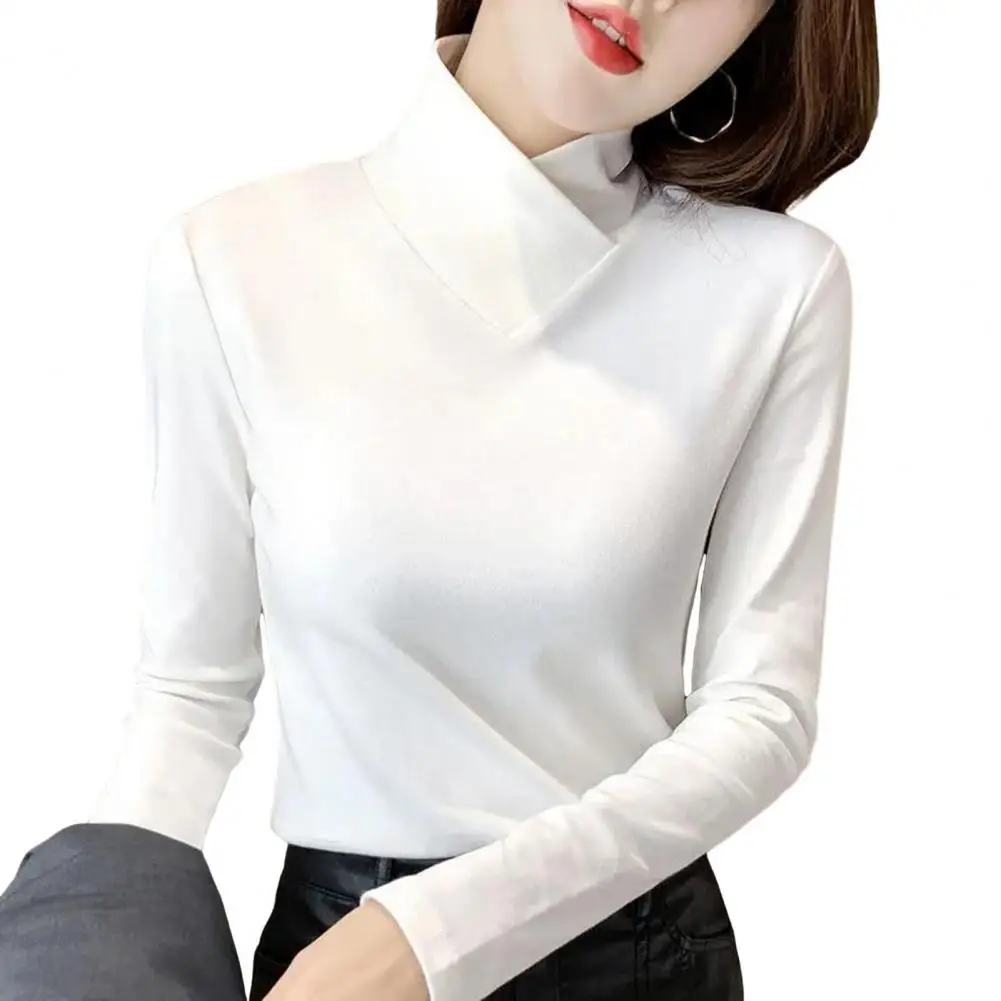 Autumn Winter Women Blouse Bottoming Tops Half High Collar Long Sleeve Slim Stretchy Pullover Top Solid Color Shirt