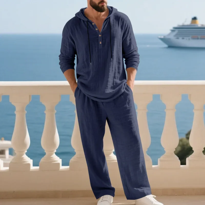 Spring Summer Linen Men's Casual Suit Loose Hooded Henley Long Sleeve Long Pants Set Solid Color Fashion Casual