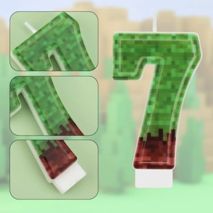 Pixel Birthday Number Candle Green Brown Paraffin Cake Toppers Decorations for Miner Game Party Number 7