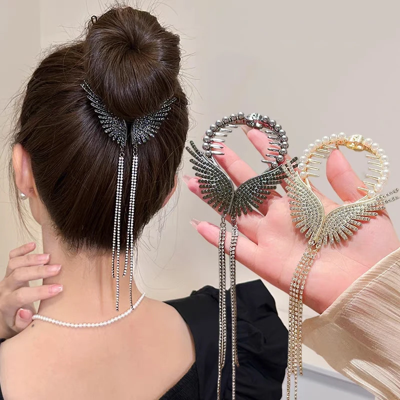 New Angel Wings Hair Bun Hair Clips Women Girls Rhinestone Tassel Ponytail Button Hairpin Golden Fashion Accessories