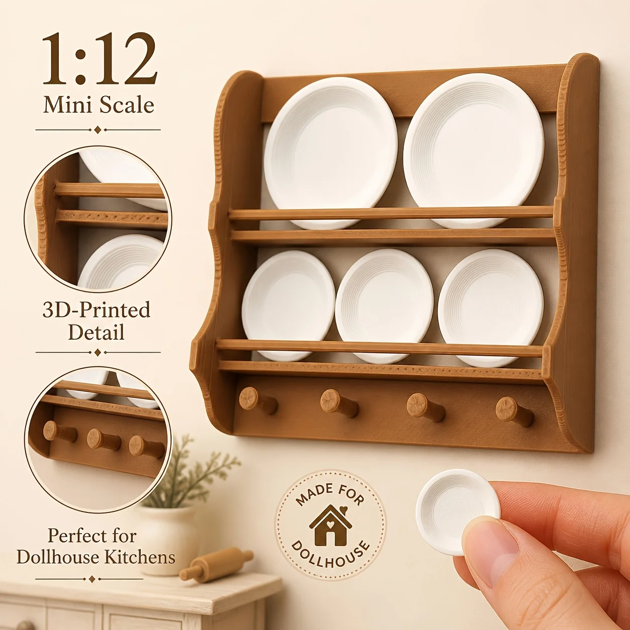 Juego de Platos en Miniatura para Casa de Muñecas a Escala 1:12, Estante para Platos de Cocina con 2 Platos Grandes y 3 Platos Pequeños, Negro/Marrón Mini