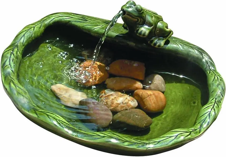 

22300R01 Solar Powered Ceramic Frog Water Feature, Green Glazed Ceramic, Powered By An Included Solar Panel That Operates