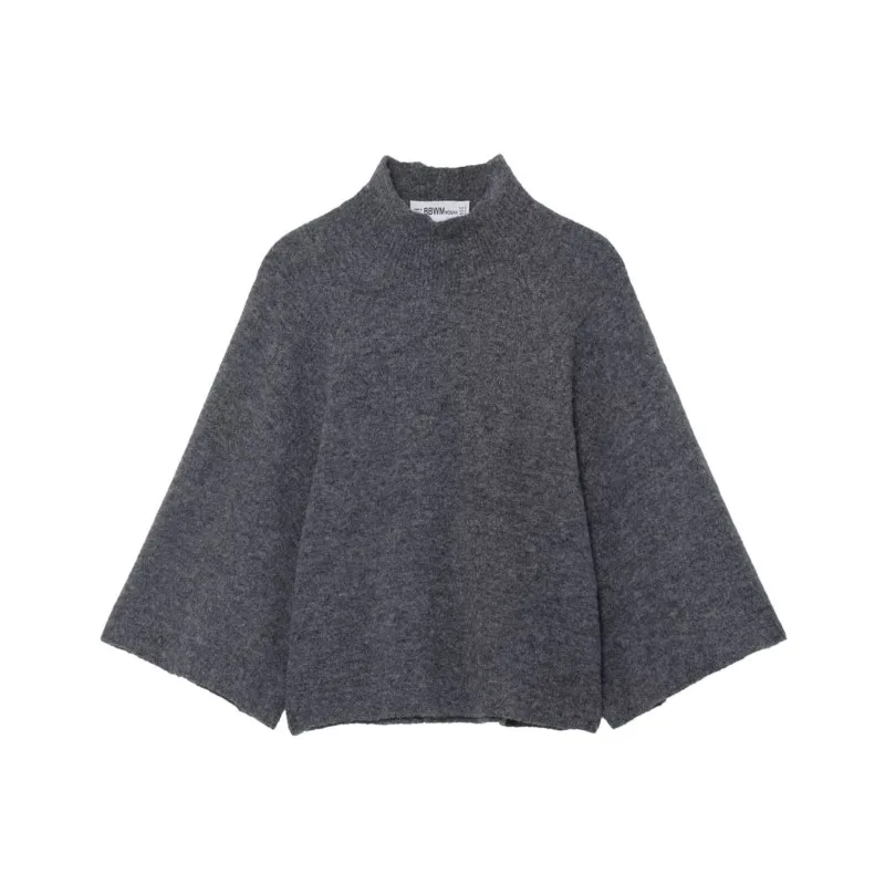 سترة نسائية محبوكة بأكمام واسعة للخريف والشتاء فضفاضة وياقة واقفة بلوفرات غير رسمية بأكمام طويلة ملابس علوية نسائية أنيقة