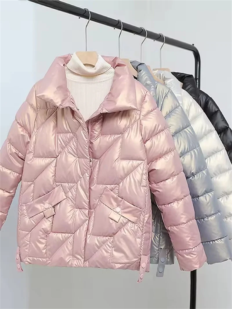 2025 New Glossy Down Cotton Jackets Women Winter Parkas Female Stand Collar Casual Warm Short Puffer Jacket Snow Outwear
