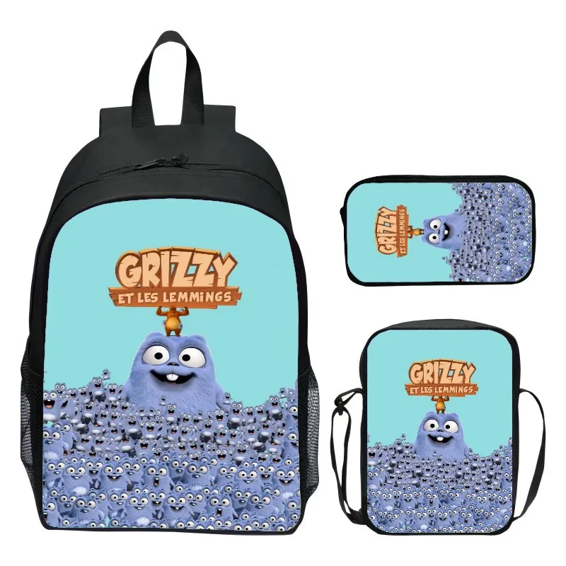 حقيبة ظهر للأطفال مقاس 16 بوصة مكونة من 3 قطع من Grizzy Bear حقيبة ظهر للمدرسة الابتدائية حقيبة كتف مقلمة
