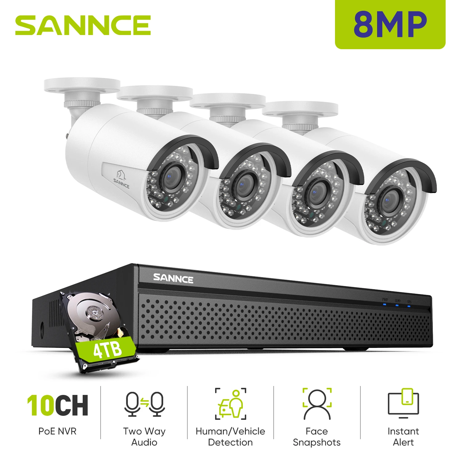 SANNCE 8MP Video Surveillance Camera Kit Smart IR Night Vision Two Way Voice Security Protection Camera CCTV Video Camera System