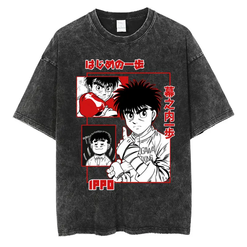 Anime Hajime No Ippo Washed Vintage T-shirt Kamogawa Boxing Gym Harajuku T-shirts Makunouchi Takamura KGB Loose Cotton T Shirt image 4