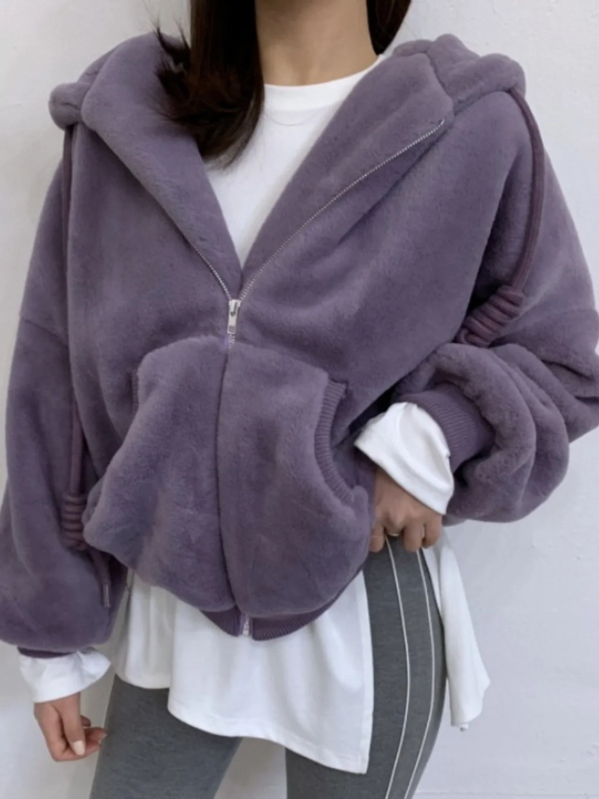 

Fluffy Hooded Jaet Women's Chic Winter Thiened Warm ort Cotton Clothes Korean Sle Loose Fit Long Sve Zipper Closure