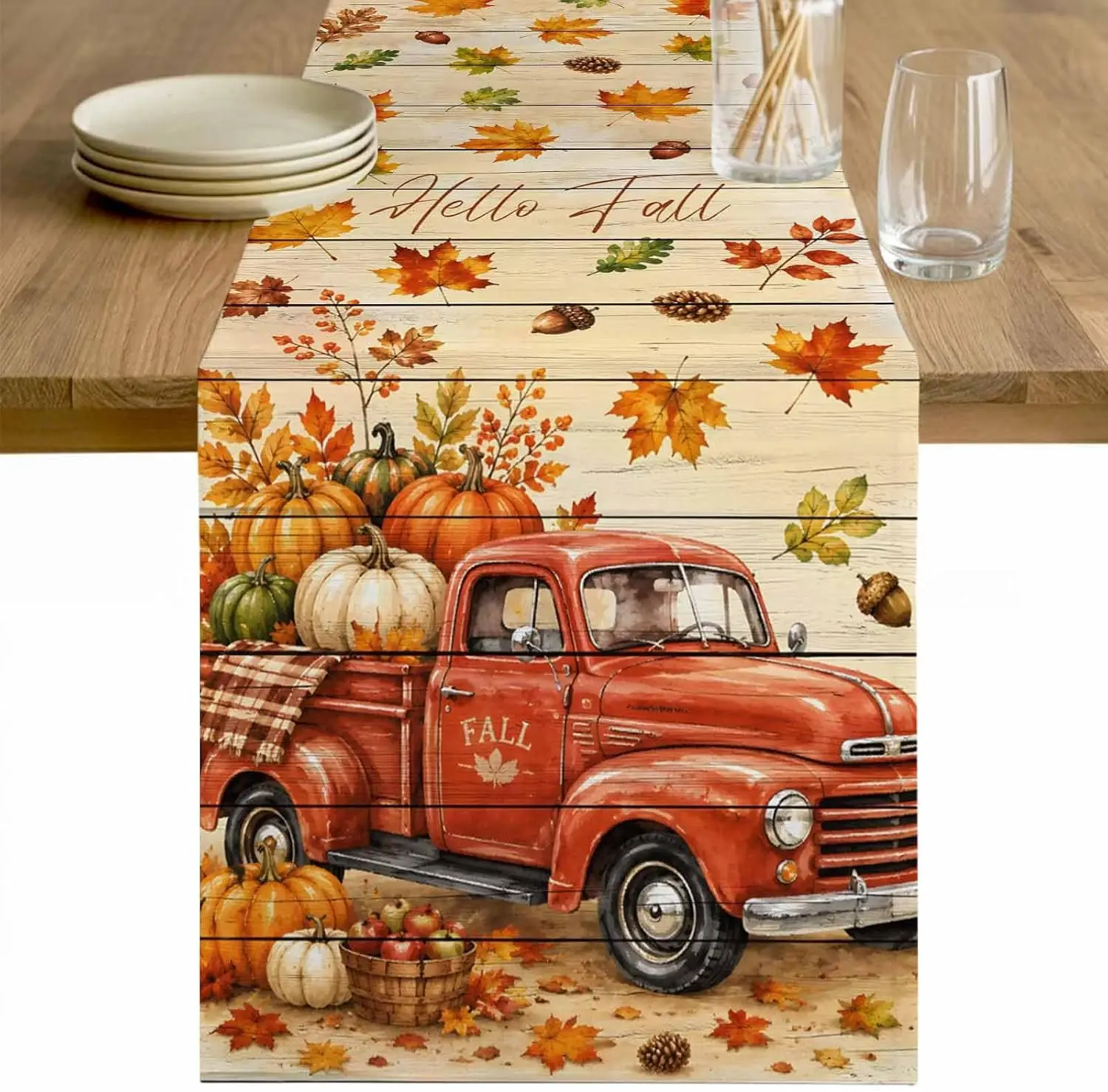 Fall Thanksgiving Pumpkin Truck Maple Leaf Table Runner Home Decor Farmhouse Wood Grain Kitchen Dining Table Runner Autumn Decor