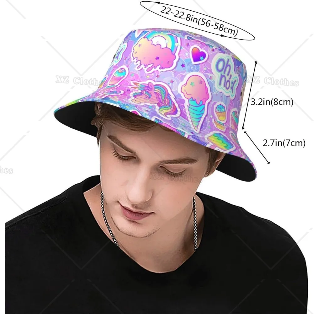 Ice Cream and Unicorn Bucket Hat for Women Men Teens Beach Outdoor Packable Sun Cap Summer Headwear Fishing Caps for Fisherman