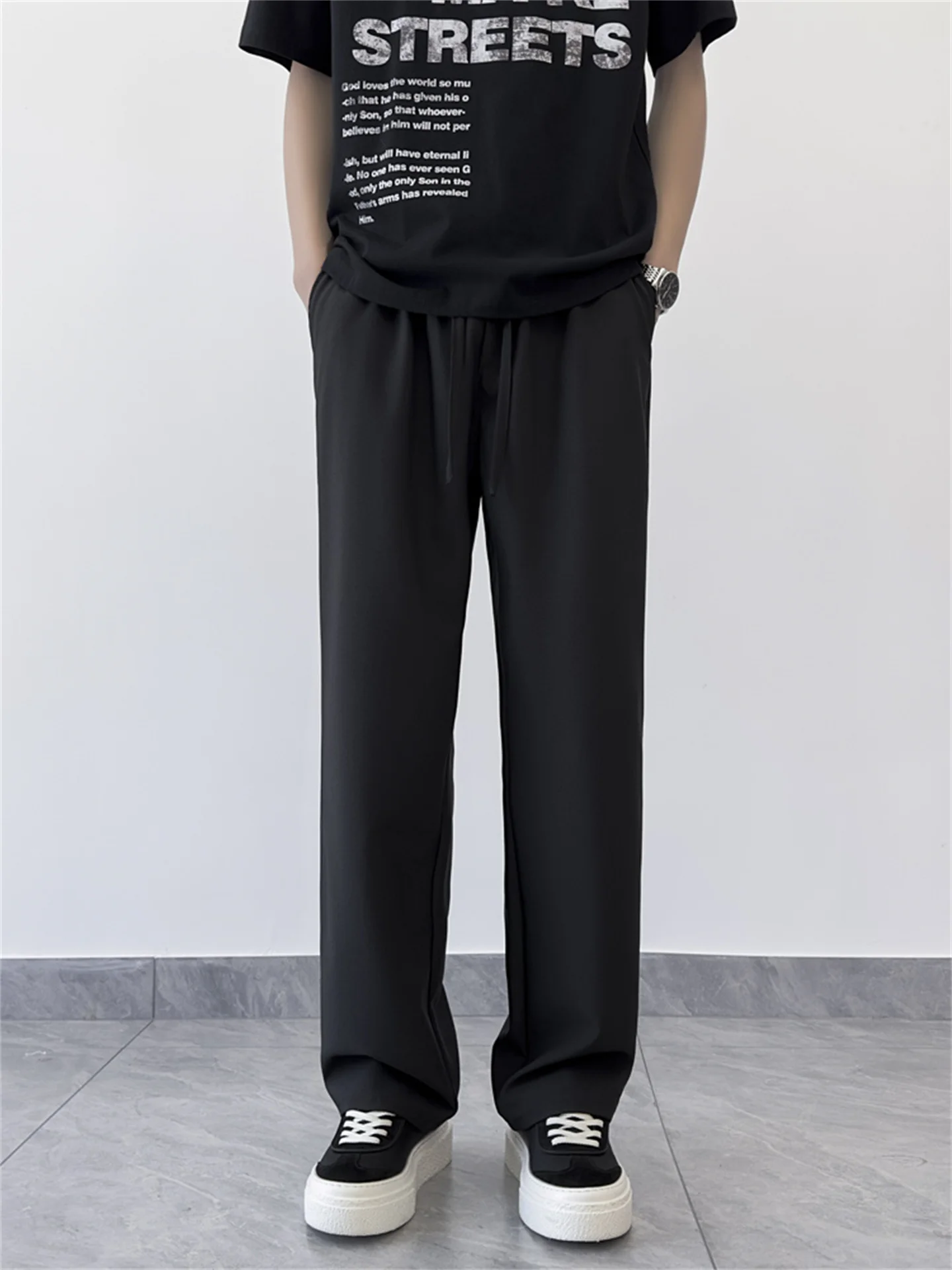 

Мужские повседневные свободные брюки прямого кроя с завязками на талии, весенне-летние, легкие, удобные, дышащие, модные, базовые, для повседневной носки