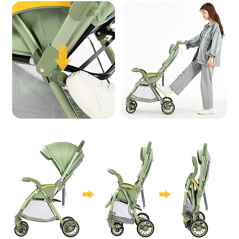 Bi-directional High Landscape Baby Stroller, Can Sit or Lie Down, Four Wheel Shock Absorber, Lightweight Foldable Handcart