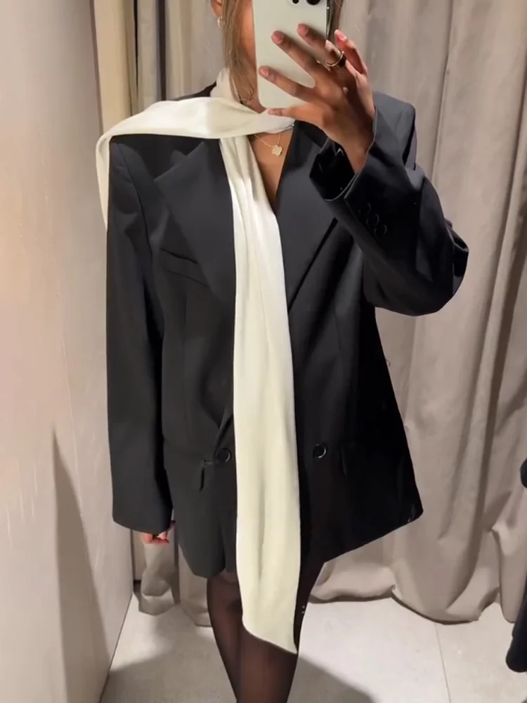 HH Women Double Breasted Pocket Lapel Decoration Black Blazer Coat Female Long Sleeves Elegant Casual Loose Street Style Coat