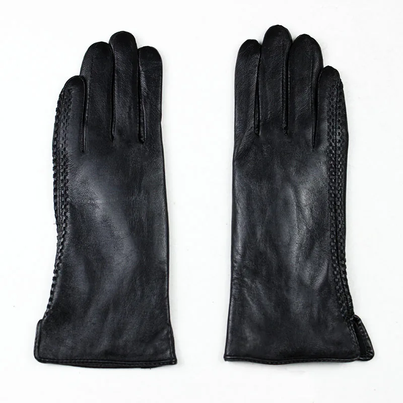 Echte Lederhandschuhe Damenmode Knopf Samtfutter Herbst und Winter Warme winddichte Schaffell-Split-Finger-Handschuhe