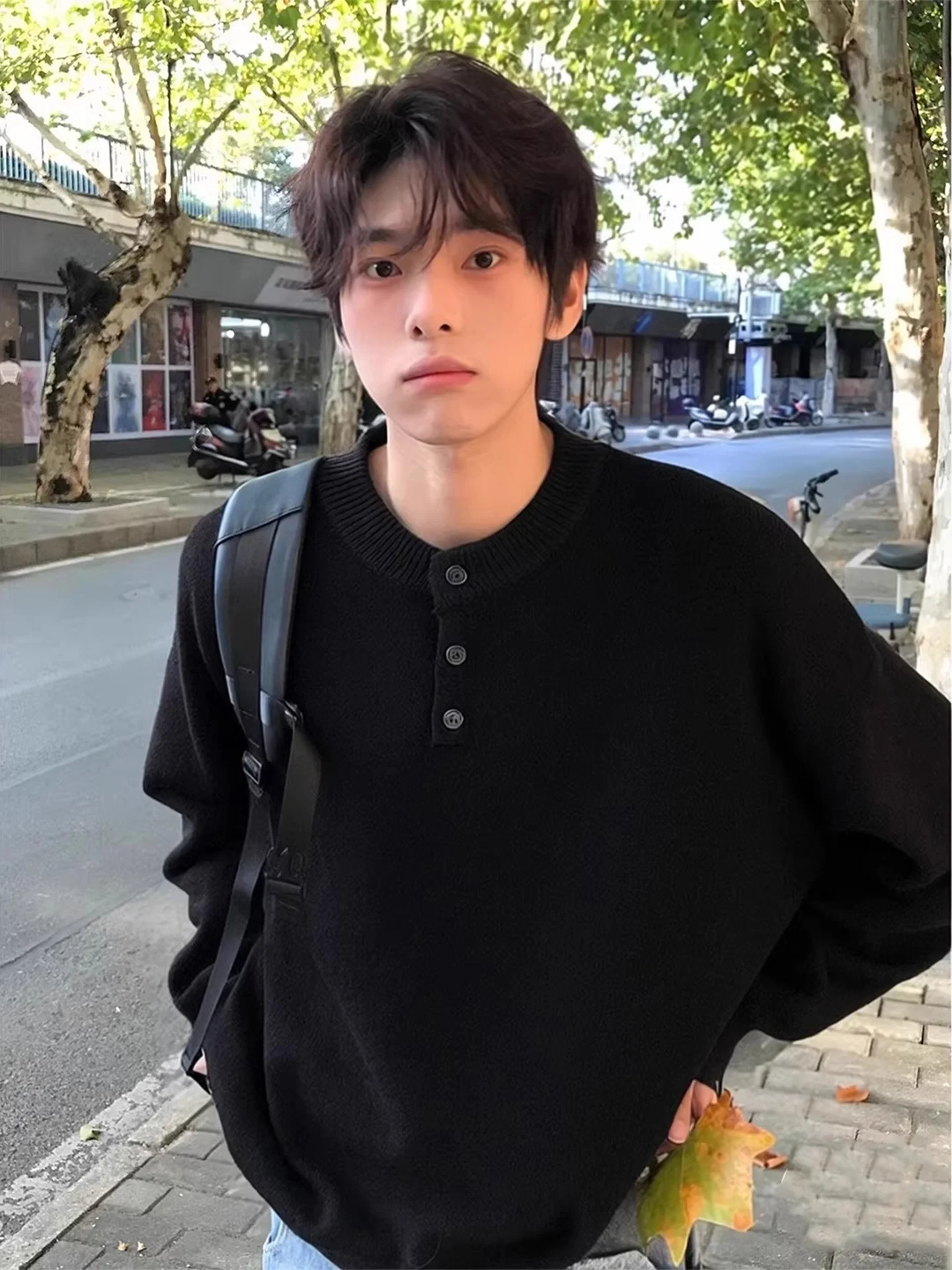 

Men's Bla American Sle Henry Collar Thiened Knitwear Winter Base Layer Inner Wear Casual Loose Fit Long Sve Sweater