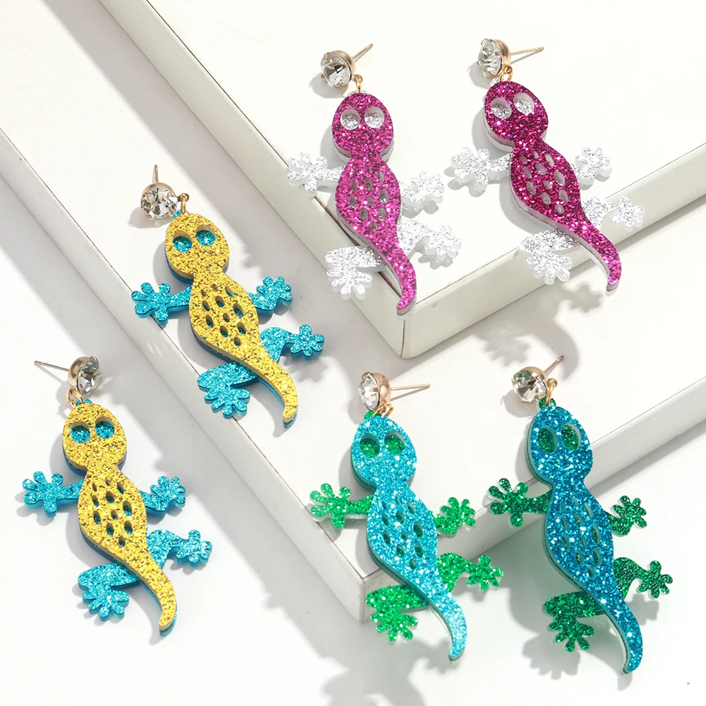 Nuevos pendientes largos acrílicos de lagarto Gecko para mujer, pendientes de gota de animales coloridos con purpurina personalizada, regalos de joyería exagerados