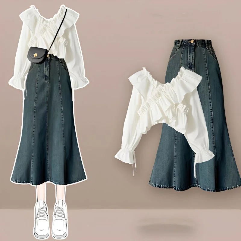 

Spring Autumn Outfits 2023 New Arrival Fashion Age Reducing Bubble Sleeve Shirt Denim Fishtail Dress Two Piece Set For Women