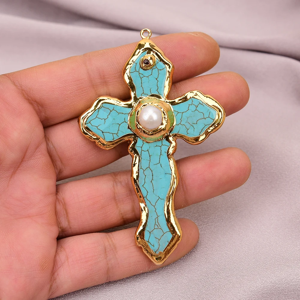 APDGG No042 2 Pcs Big Blue Stone Turquoise White Keshi Pearl Crucifix Charms Pendant