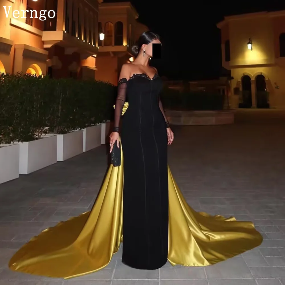 

Verngo Black Velvet Prom Gown Sweethert Mermaid Eening Dresses Gold Elegant Sweap Train Dinner Prom Party Dresses Customized