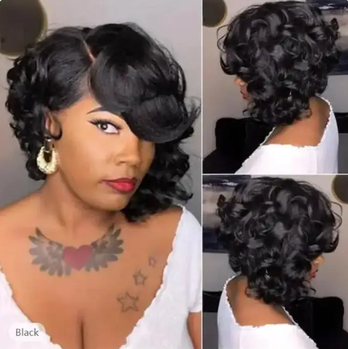 Peruca Curta Ondulada Curly Bob para Mulheres Negras, Penteados Sintéticos, Cabelo Curto Natural