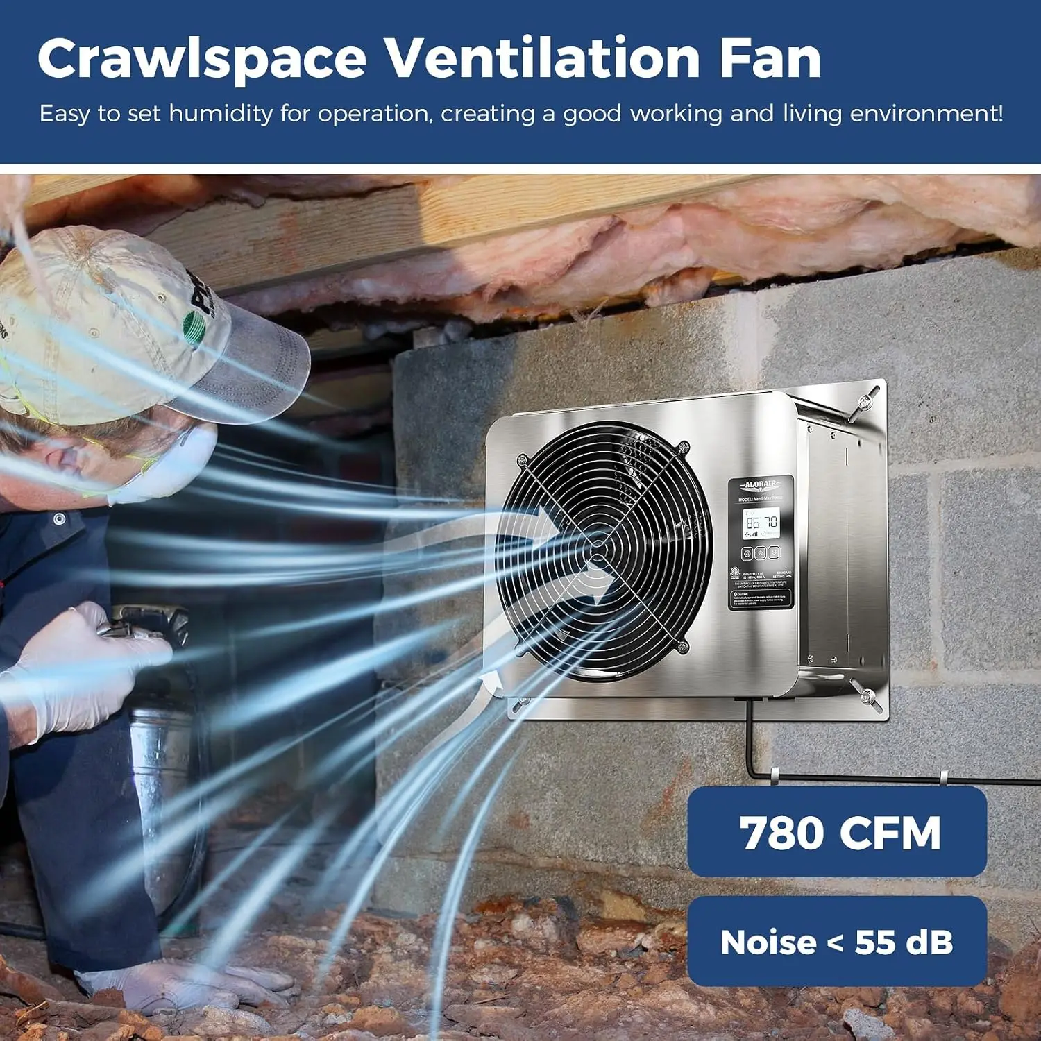 CFM Crawl Space Ventilator Fan, IP55 Rated Basement Exhaust Fan with Temperature Humidity Controller, Timing Cycle, Speed Contro