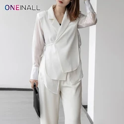 ONEINALL Patchwork Lace Up Casual Blazers For Women Notched Collar Long Sleeve Solid Temperament Loose Blazer Female Summer New