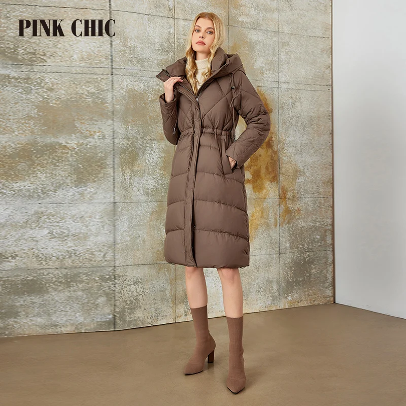 PINK CHIC 2023 New Winter Women Down Jackets Fashion Classic Warm cross-hatching Hooded long version Parka Female Coat W6570