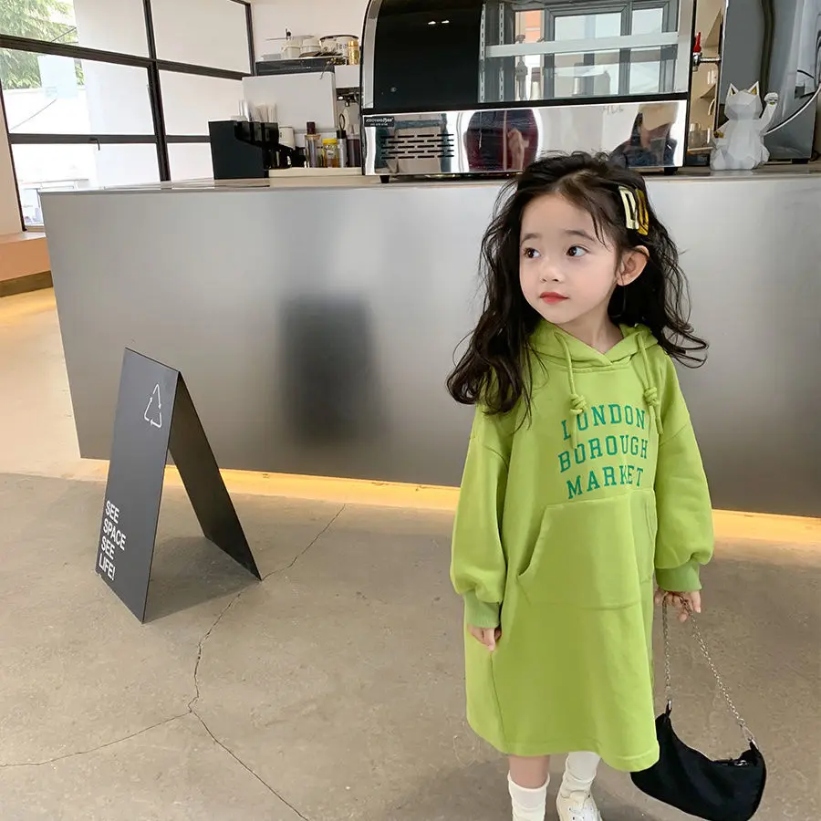 

100% Cotton Child Girl Children 2022 Autumn and Winter New Cartoon Printed Long-Sleeved Hooded Sweater Dress