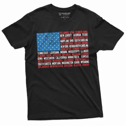 Men's USA Flag State Names T-shirt Patriotic 4th of July US Independence day tee