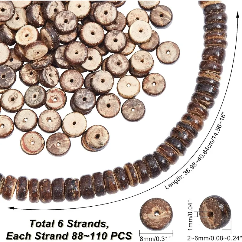 6 Strands About 528pcs Coconut Wood Nut Heishi Beads Strands 8mm Brown Heishi Spacer Beads Flat Round Coconut Shell Beads