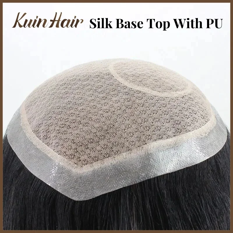 Silk Base Top With PU Men Toupee Male Breathable Men's Capillary Prosthesis 100% Real Natural Hair Replacement System Unit Wigs