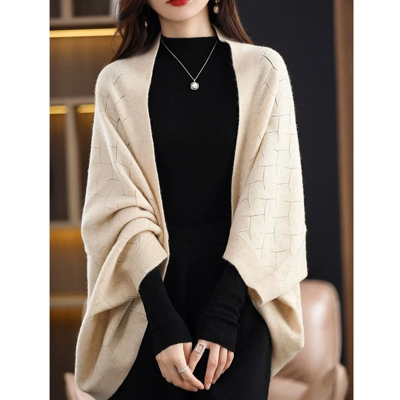 2023 Autumn Winter Women Elegant Fashion Oversize Shawl Knitted Cardigan Female Casual Solid Long Sleeve Soft Cloak Sweater Coat