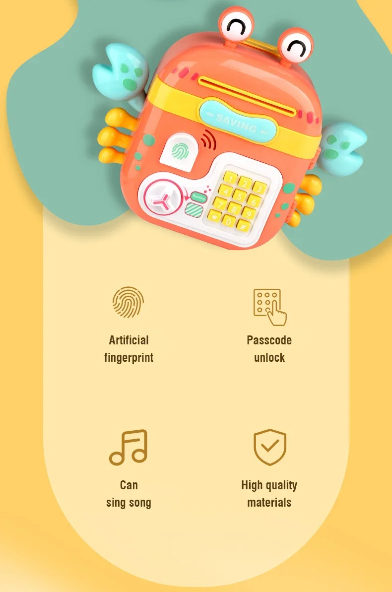 Cofrinho de caranguejo de desenho animado, bancos de economia com luz sonora, senha de impressão digital, educação precoce, brinquedos educativos para crianças, presentes de natal