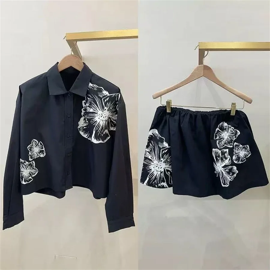 

Romantic White Floral Print Shirt And Short Skirt Set Spring Summer Cotton Long Sleeve Turn-down Collar Korean Style Casual F...