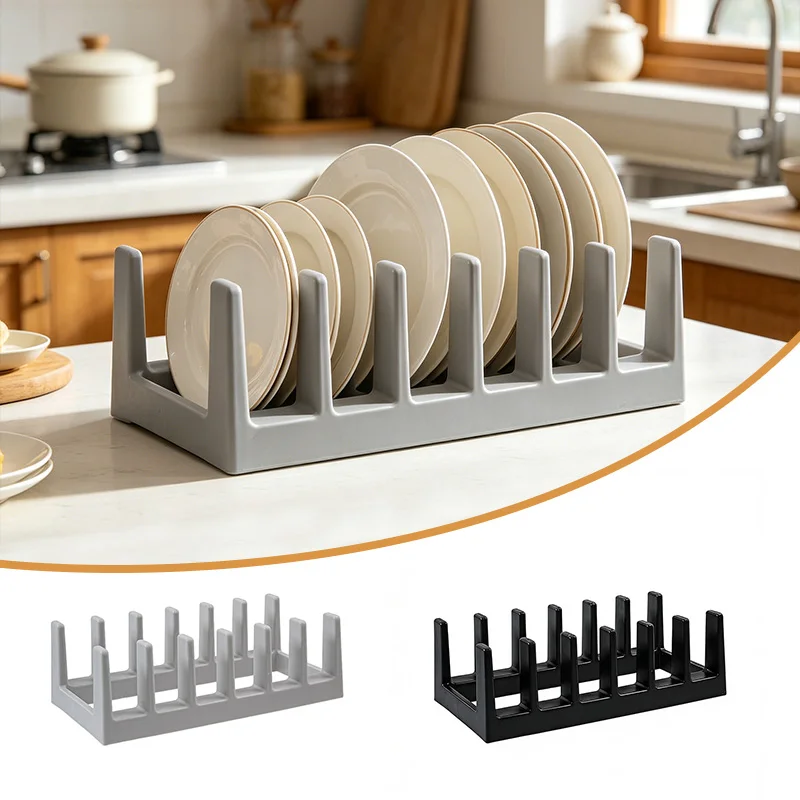 

6-Grid Pot Lid Organizer Rack Space-Saving Kitchen Cookware Organizer Dish Cutlery Drain Rack Desktop Plastic Bookshelf