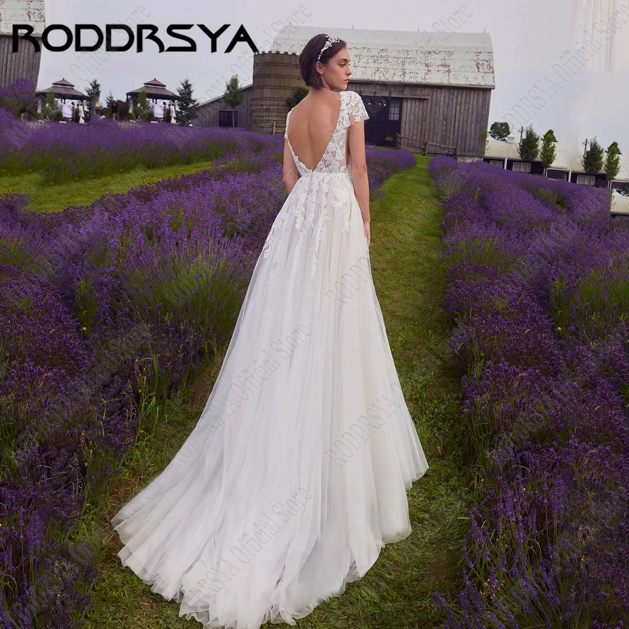 RODDRSYA-Vestidos De Novia De encaje con escote en V profundo, Vestidos De Novia De manga corta con Espalda descubierta, apliques De tul, línea A