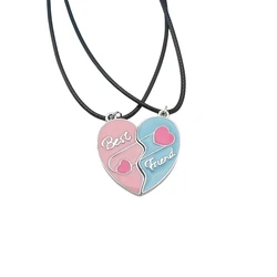 2Pcs Magnet Big Heart Best Friend Pink Blue Pendant PU Leather Rope Matching Necklace for Women Men Girl Boy Gift