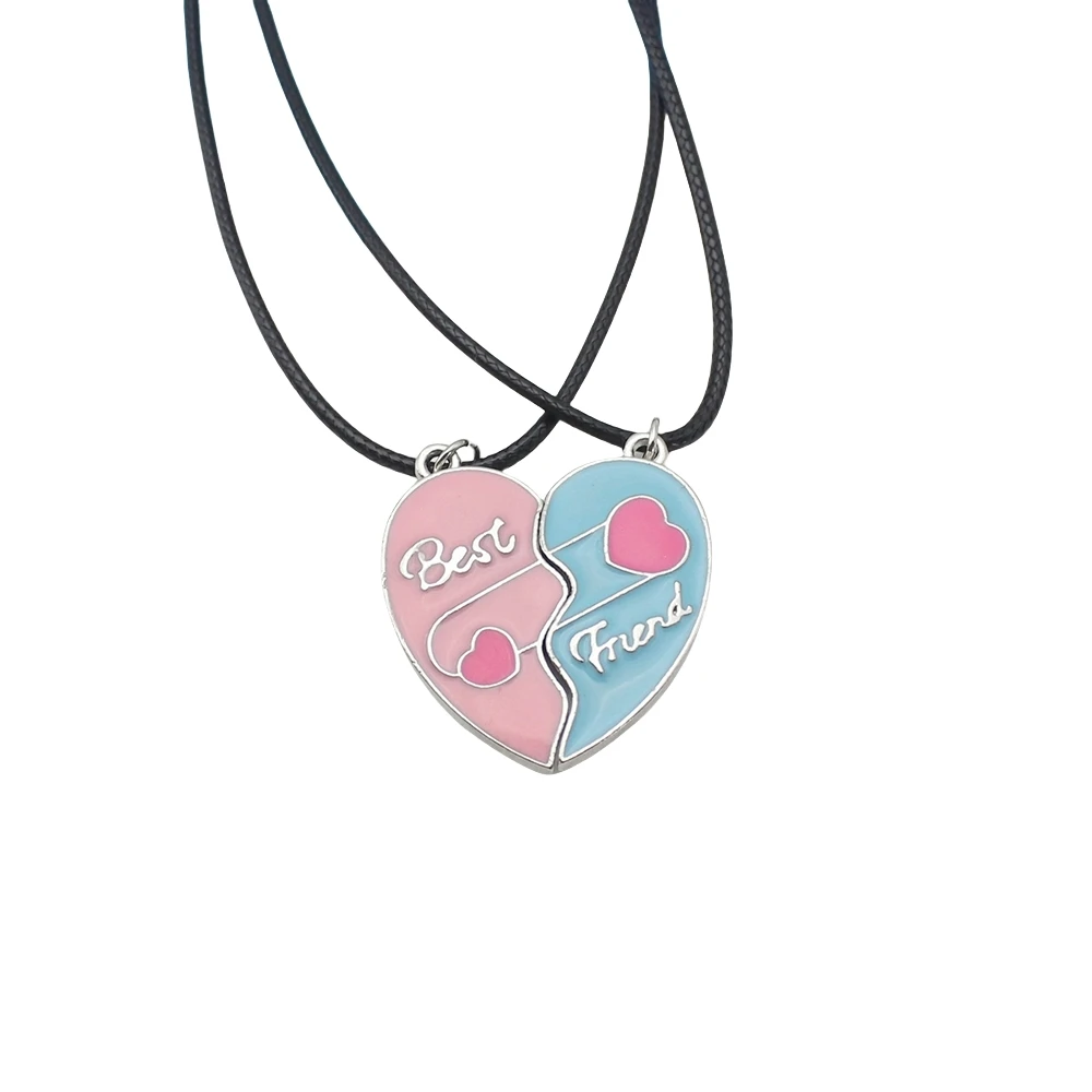 2Pcs Magnet Big Heart Best Friend Pink Blue Pendant PU Leather Rope Matching Necklace for Women Men Girl Boy Gift