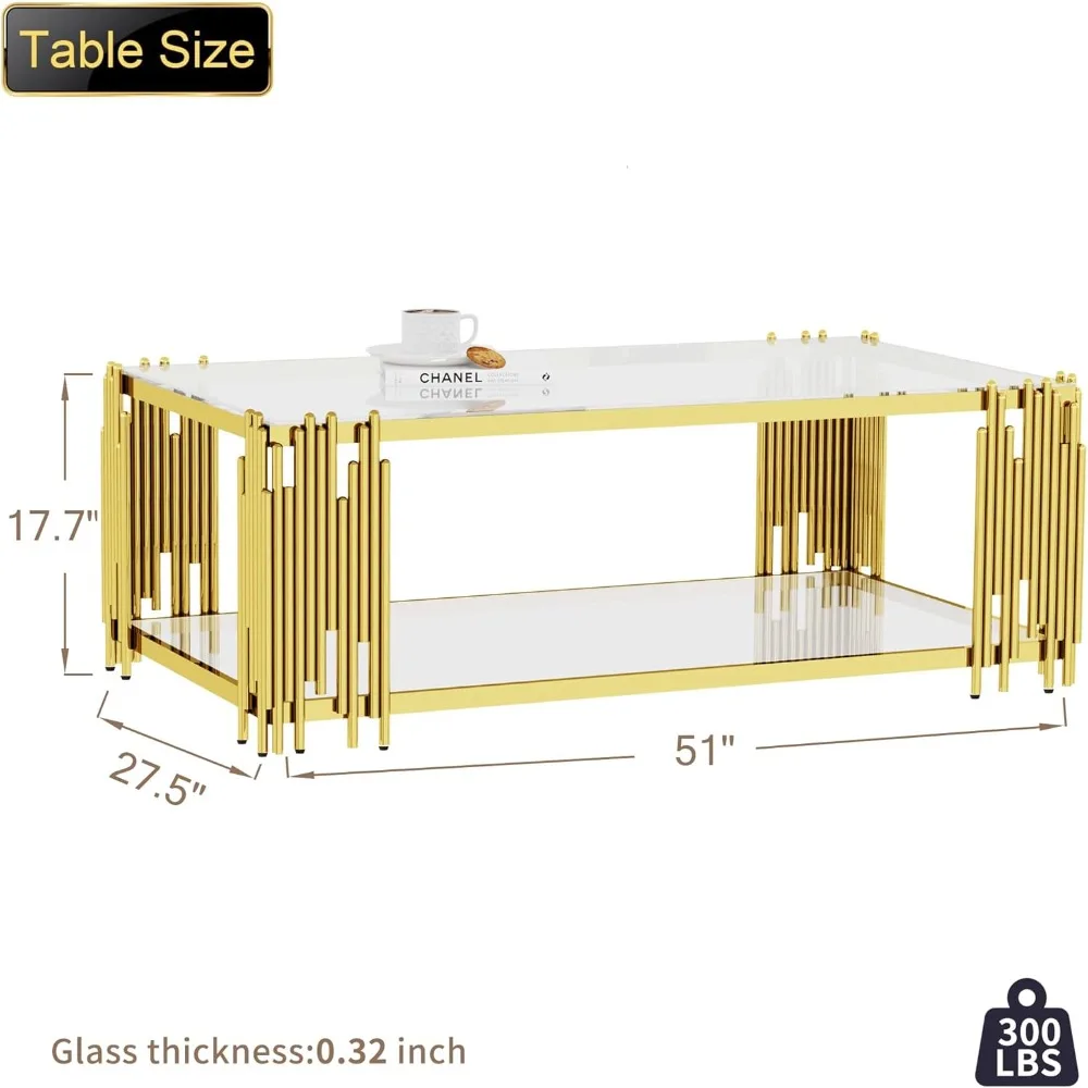 Mesa de centro de vidrio Mesa de salón moderna Pata de metal de acero inoxidable dorado 51" Rectangular transparente templado