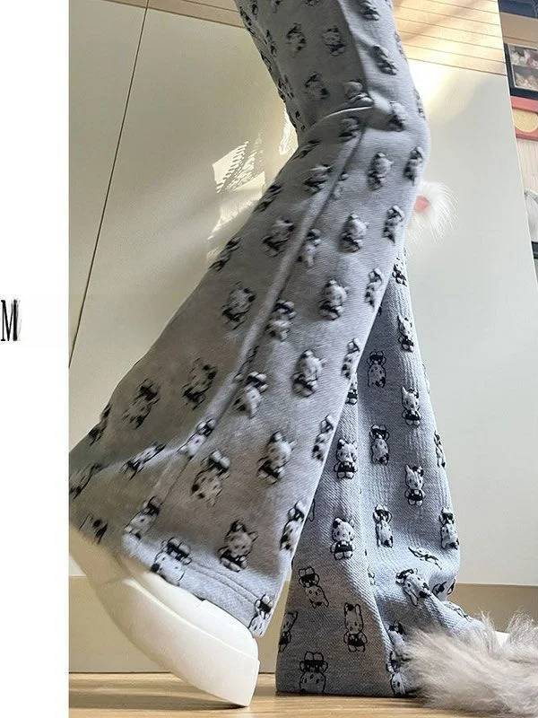 

Вязаные брюки с мультяшным принтом, женские, с высокой талией, утепленные, осенне-зимние, свободные, повседневные, расклешенные