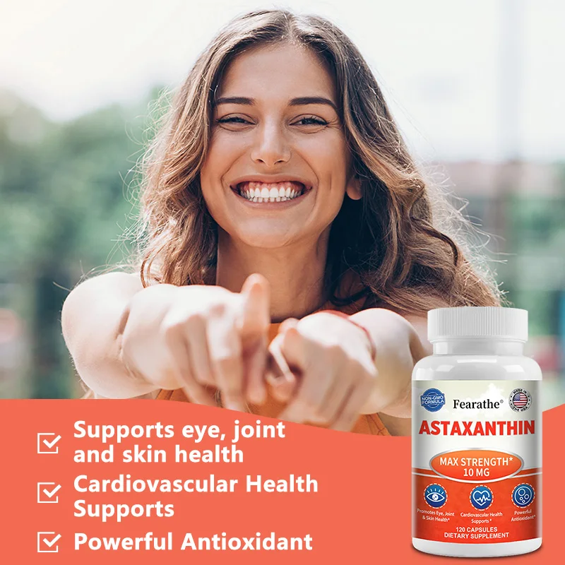 Astaxanthine 10mg, complément alimentaire antioxydant naturel, soutient la santé oculaire, de la peau et cellulaire, sans OGM, 30/60/120 capsules