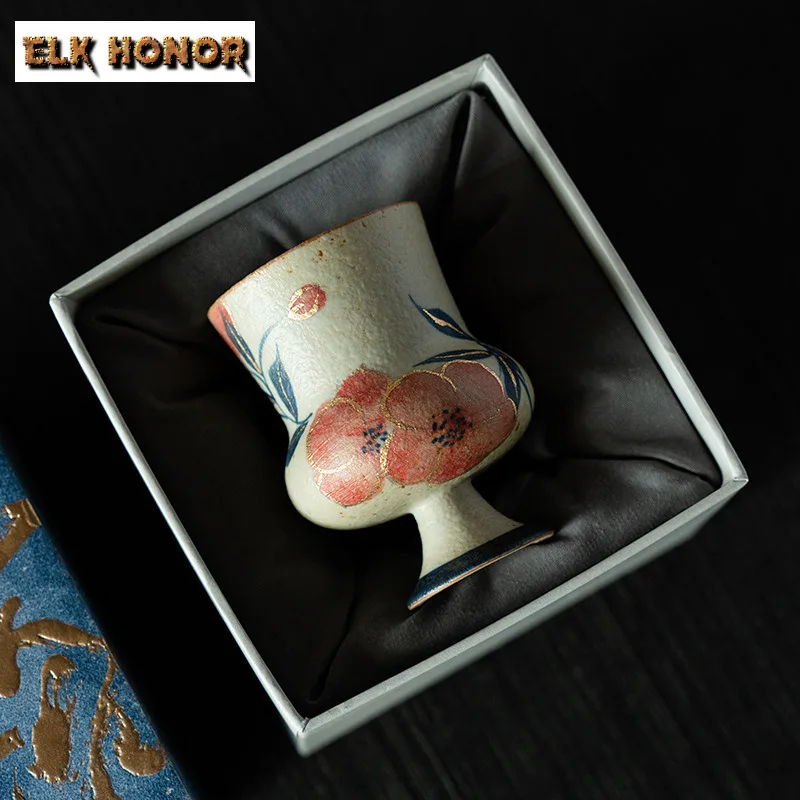 

85 мл ручная роспись персикового цвета с высокой ножкой, чайная чашка в стиле дзен, одиночные чашки, чашка для дегустации чая, чашка для запаха, чашки Chazhan Master, чайные предметы