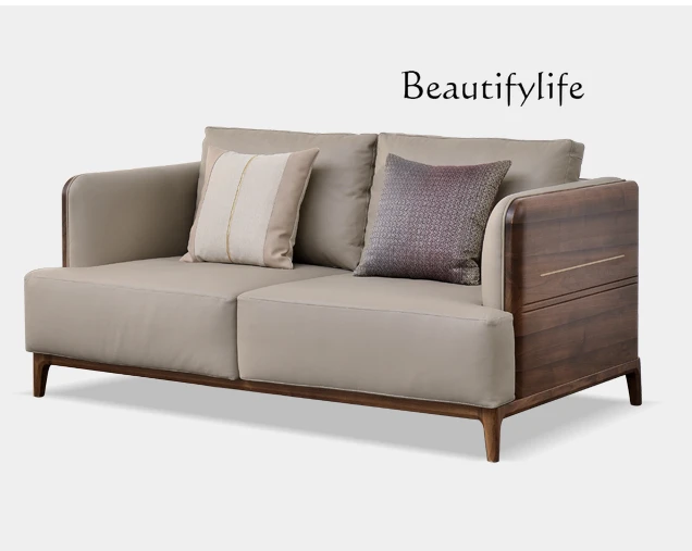 

Black Walnut Wooden Sofa Solid-Wood Leather Sofa Living Room Furniture Nordic Sofa Combination Modern Minimalist
