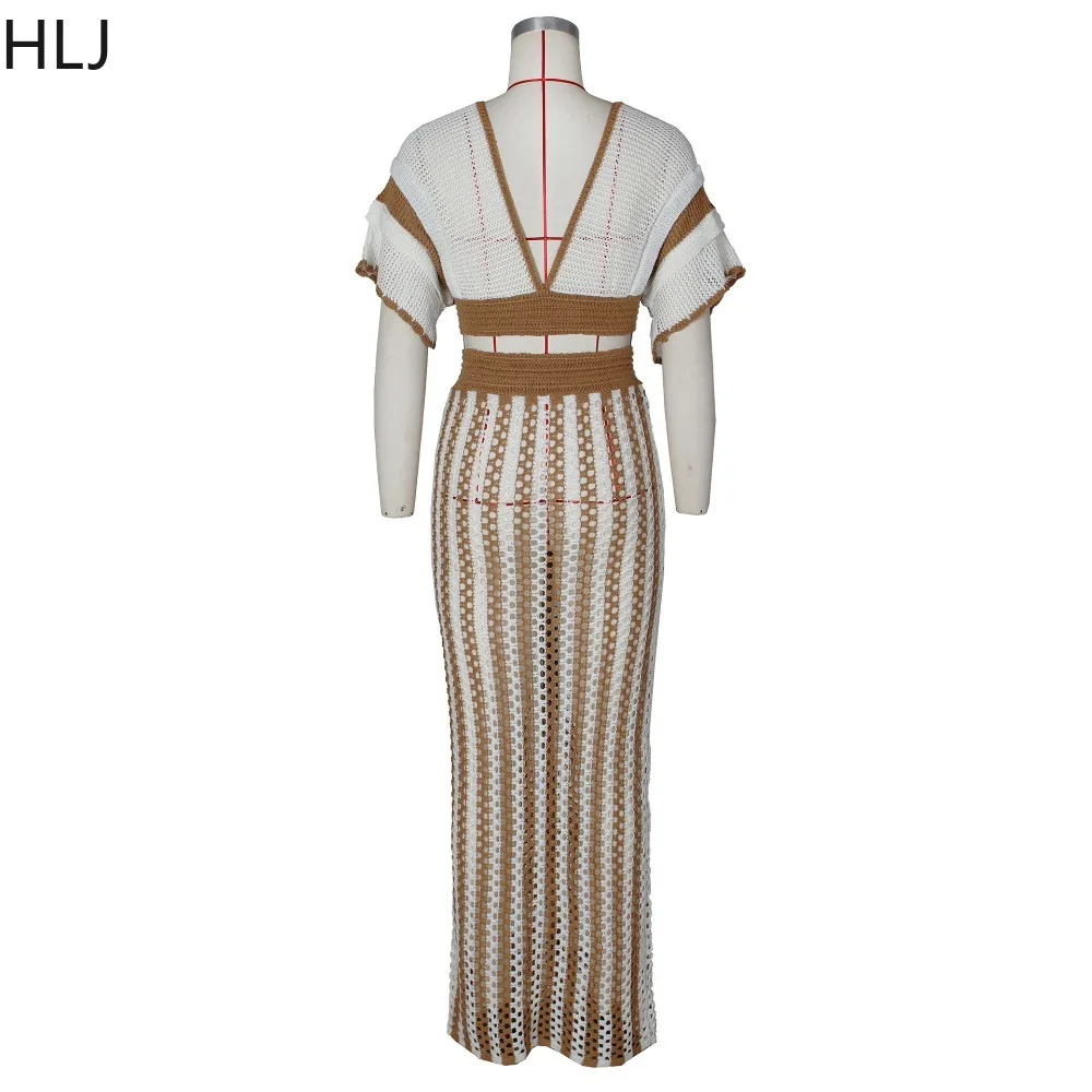 HLJ Fashion Striped Knitting Streetwear Women V Neck Short Sleeve Bandage Crop Top And Skinny Skirts Hollow Out Two Piece Sets