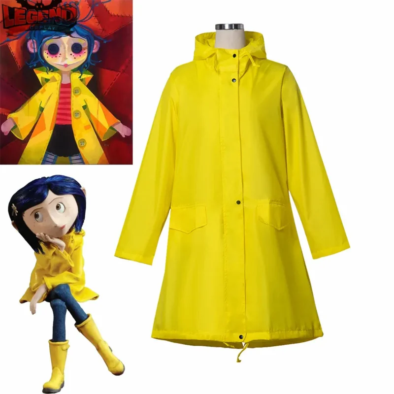 Coraline Jones Cosplay Costume Outfits Yellow Coat Movie Coraline Hooded Coat Cosplay Halloween Carnival Party Cosplay Costume