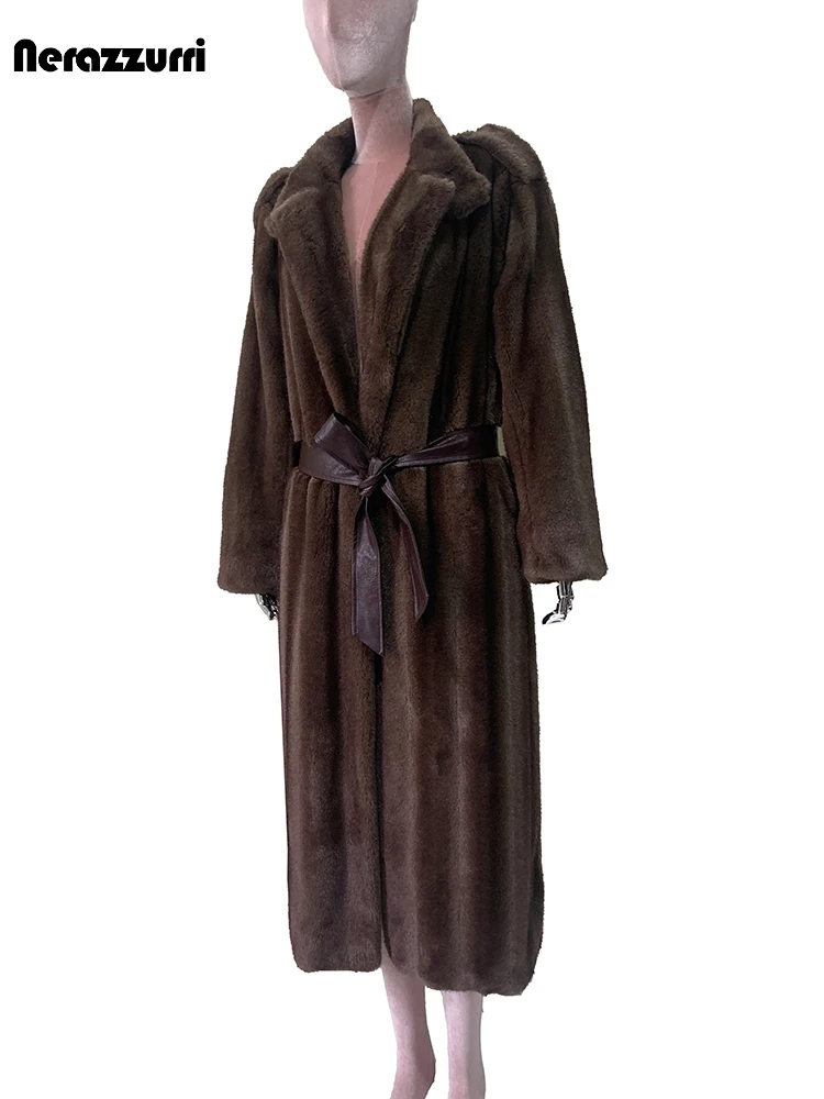 Nerazzurri outono inverno longo quente macio fofo marrom falso casaco de pele de vison feminino com faixas de couro do plutônio roupas de grife de luxo