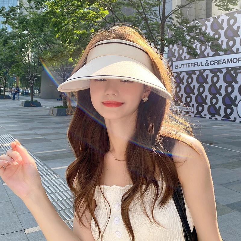 New Women Roll Up Sun Visor Wide Brim Hat Summer Foldable Packable UV Protection Empty Top Ponytail Cap For Beach Travel Bonnet