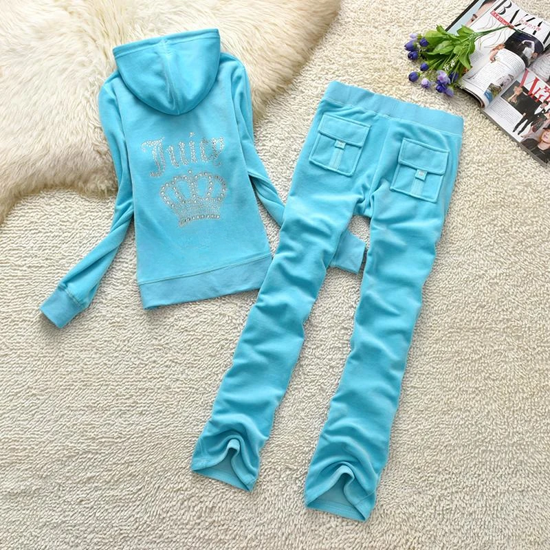 JUICY COMETURE Velvet Tracksuit Women Suit 2025 New Winter Warm Suit Women\'s Hooded Sweatshirt + Casual Velvet Pants 2pc